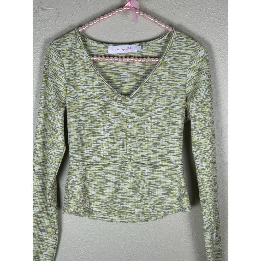 Lisa Says Gah Top Size Small Long Sleeve V-Neck Green Gray Y2K Shirt Made in USA - Picture 4 of 11